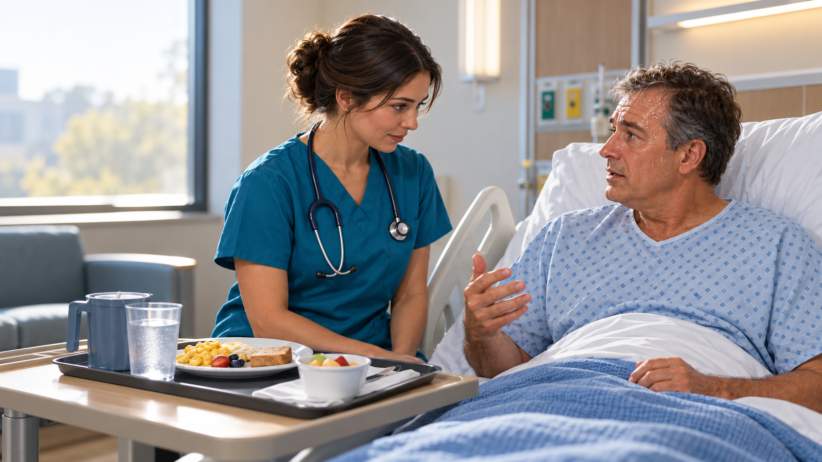 Nurse speaking with a fictional patient at the bedside